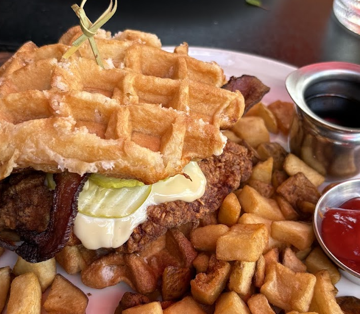 The patio on Broadway signature dishes Crispy Duck MeatballsLobster BenedictFried Chicken Benedict